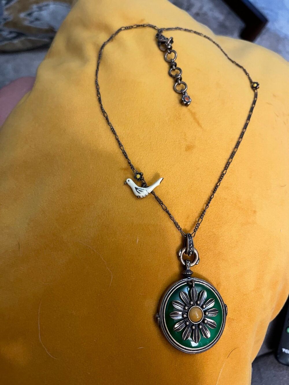 Anthropologie necklace w Green enamel locket pendant w bird charm enamel flowers